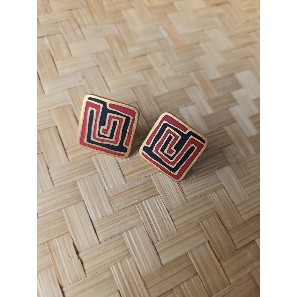 Signed Laurel Burch "Mystery" Black/Red Enamel on Gold Post Earrings